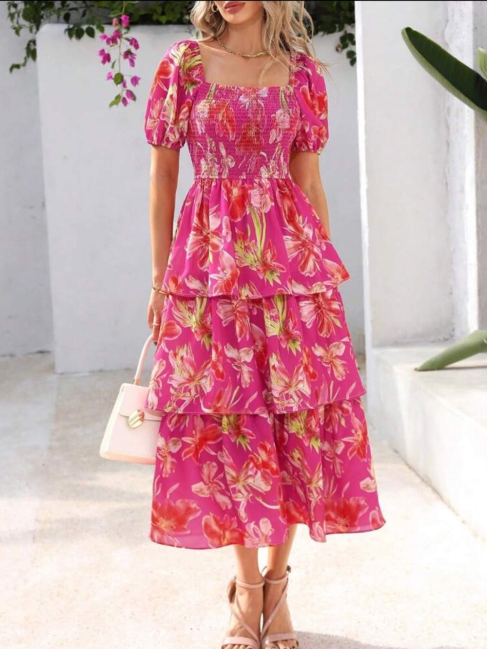 Pink and Yellow Floral Tiered Midi Dress